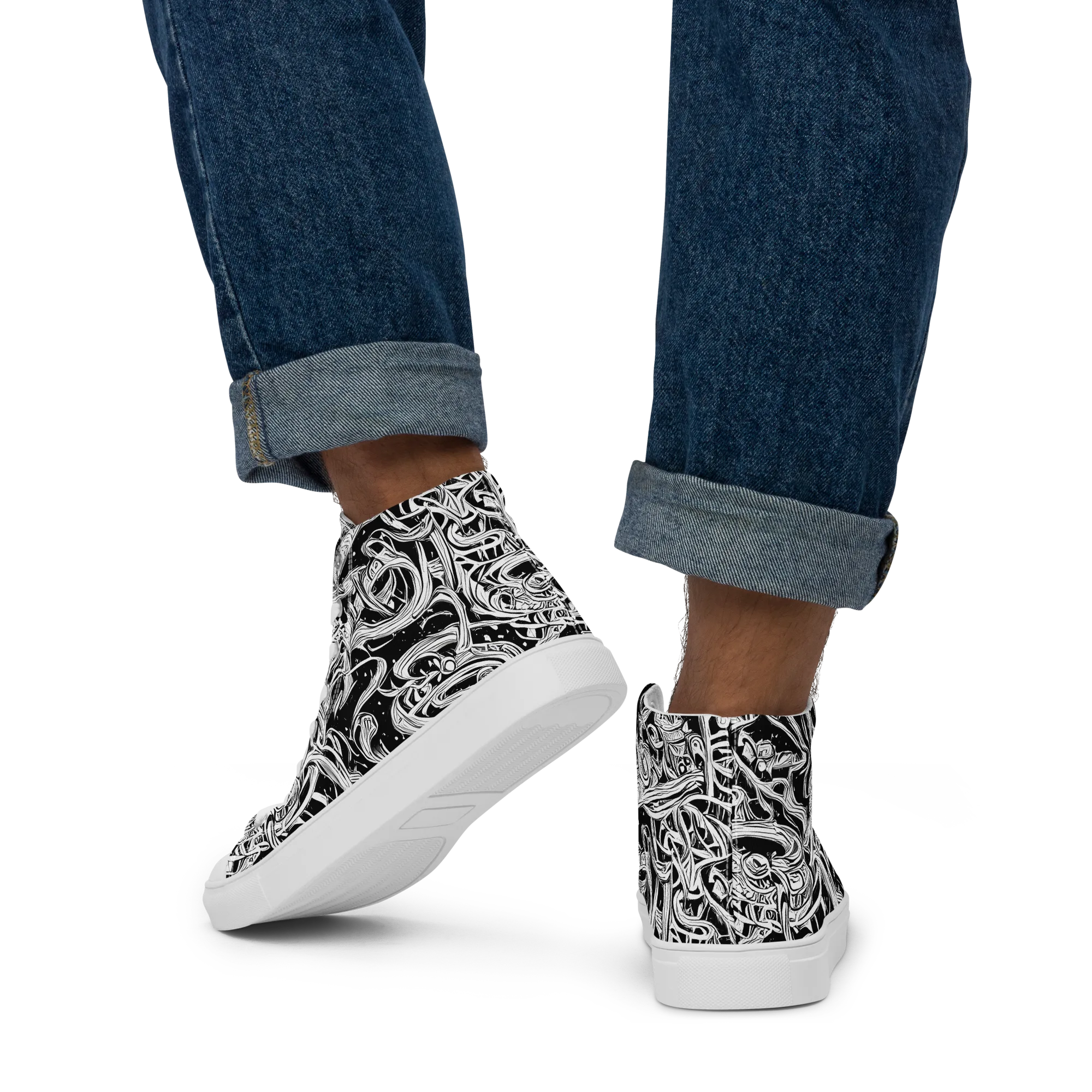 Blackwork Current on Men's High Top Canvas Shoes — Back
