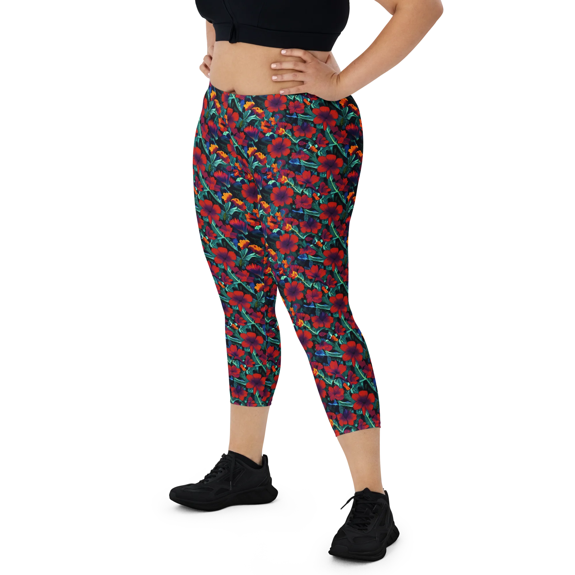 Crimson Jungle on Capri Leggings — Front