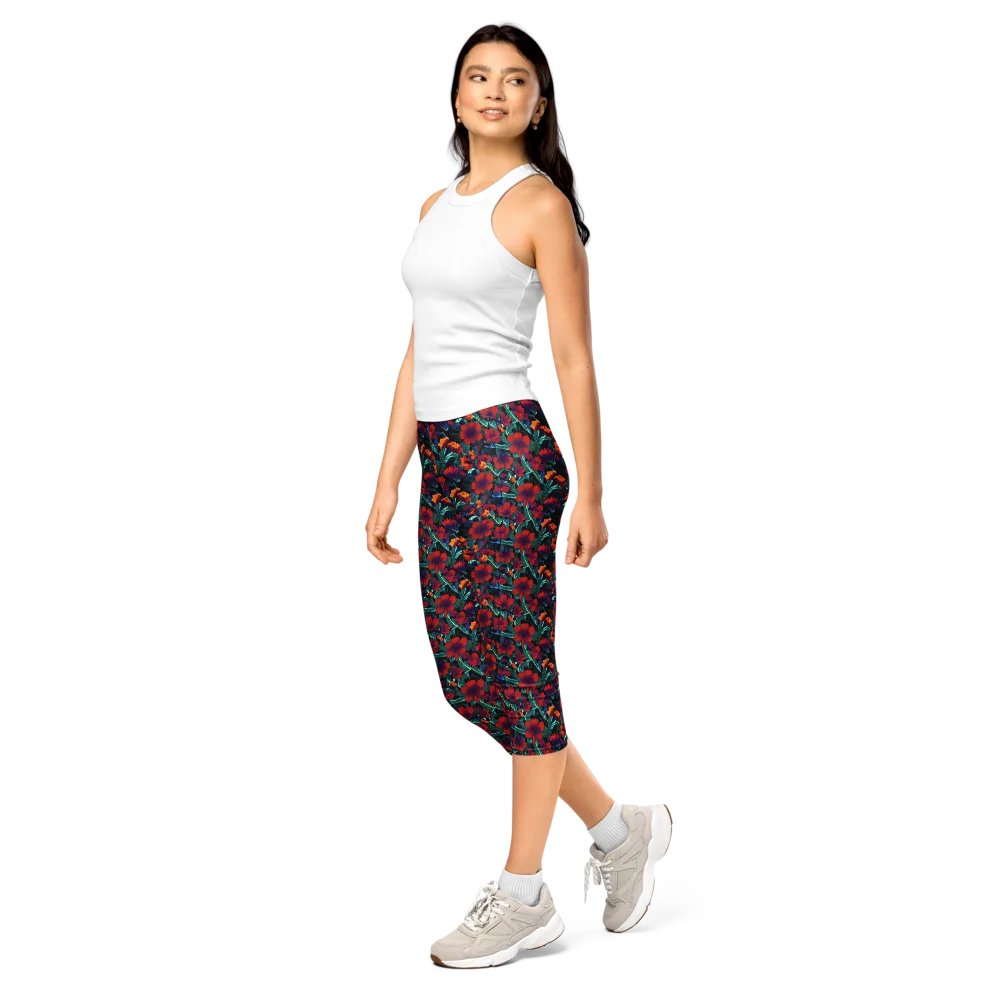 Crimson Jungle on Capri Leggings — Left Front