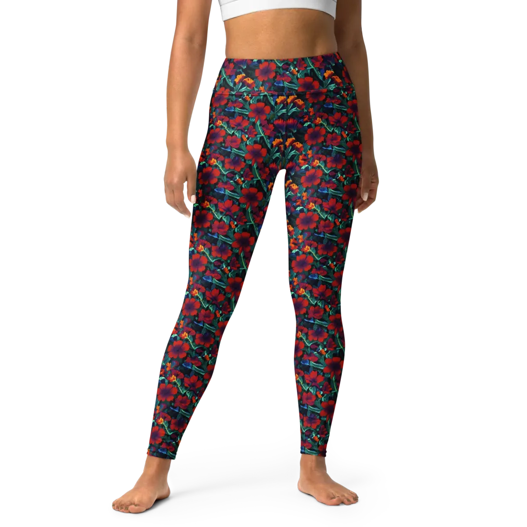 Crimson Jungle on Yoga Leggings — Front