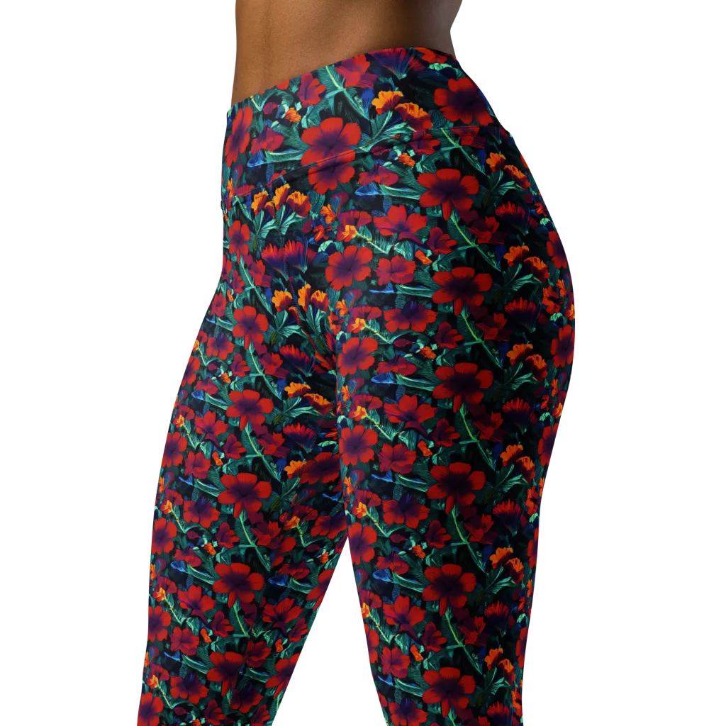 Crimson Jungle on Yoga Leggings — Left Front