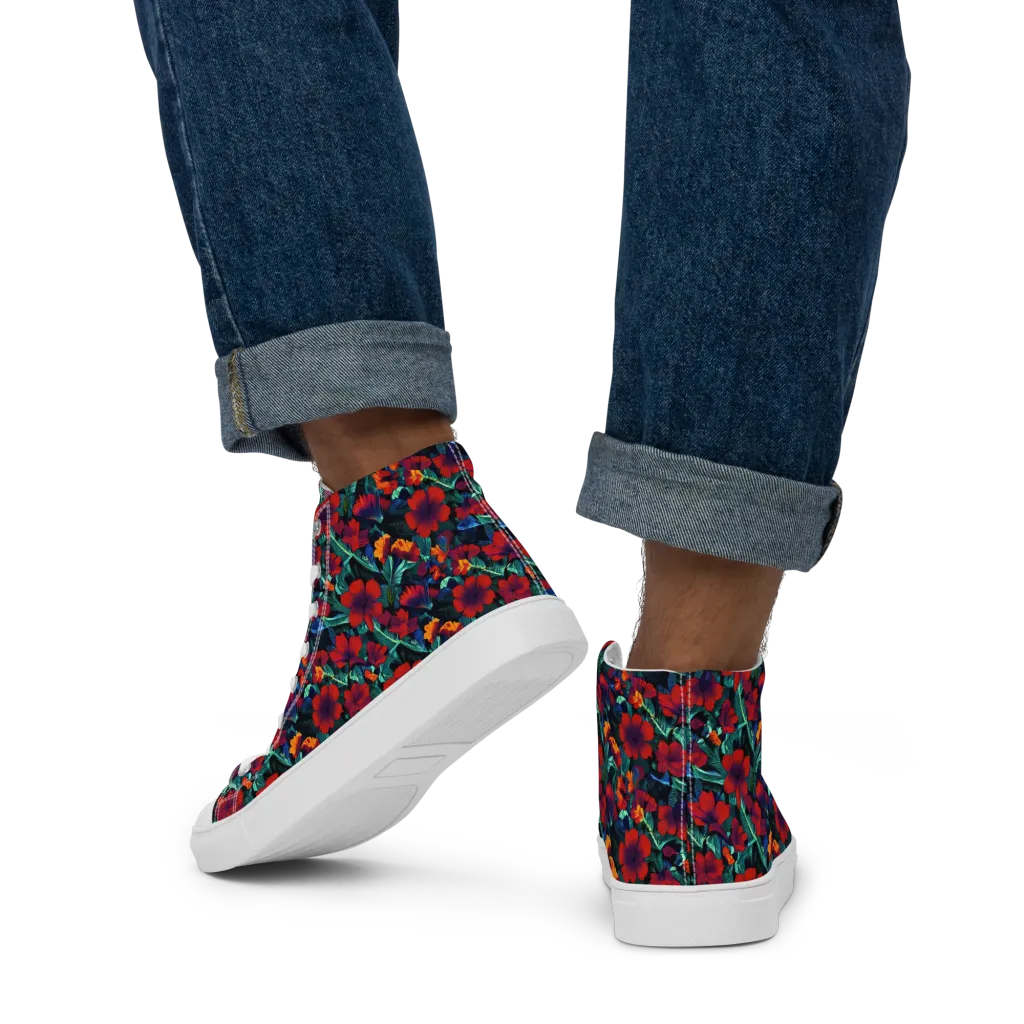 Crimson Jungle on Men's High Top Canvas Shoes — Back