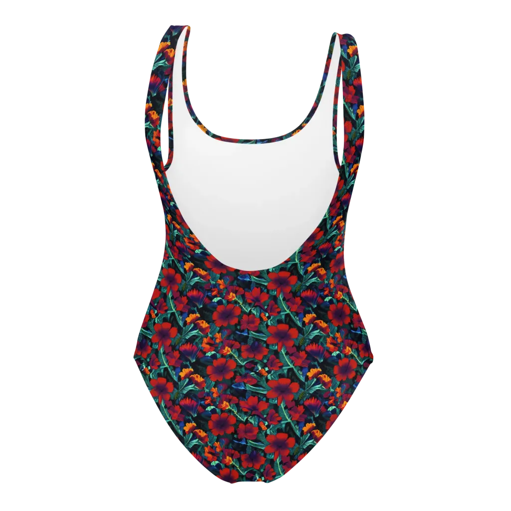 Crimson Jungle on One-Piece Swimsuit — Back