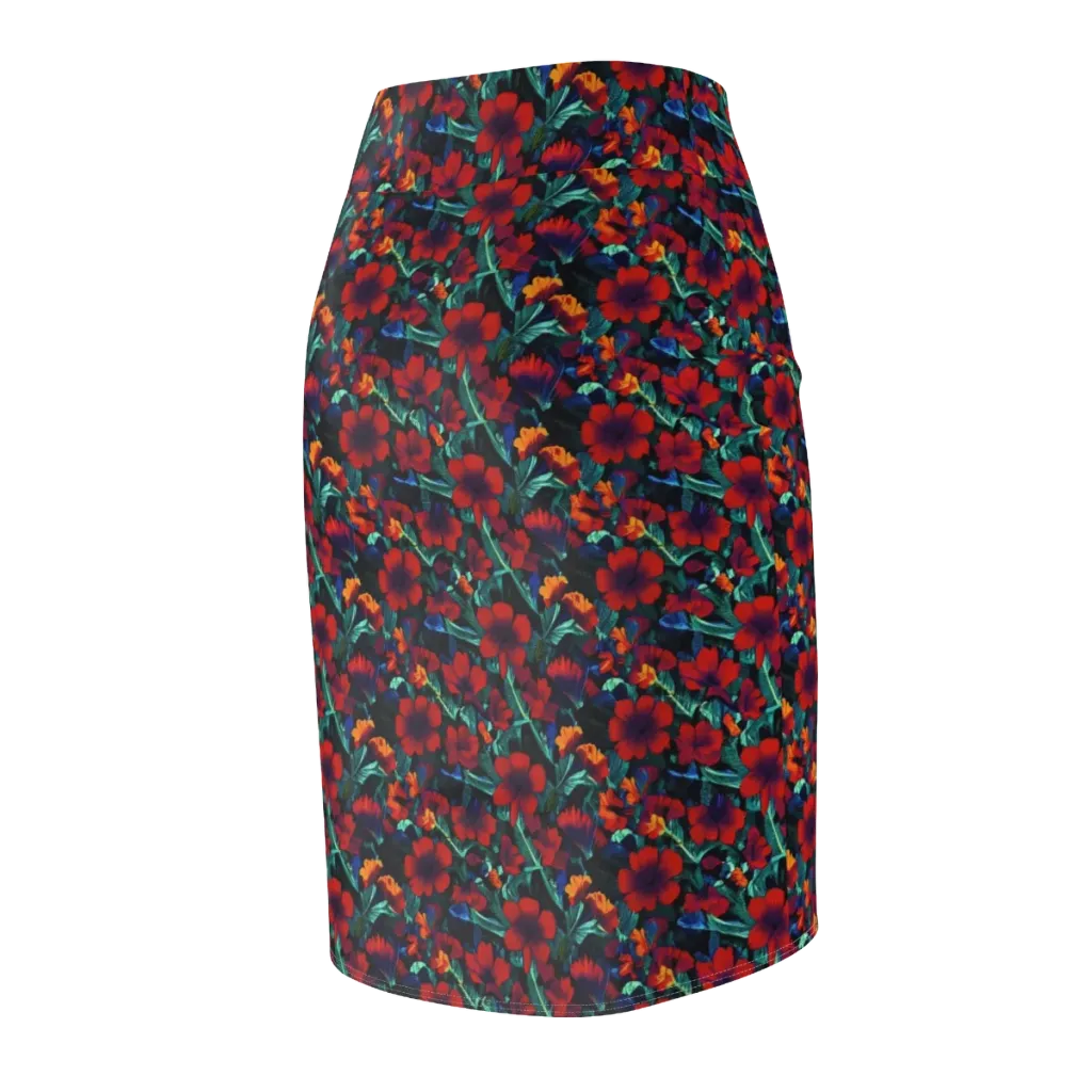 Crimson Jungle on Pencil Skirt — Back Side