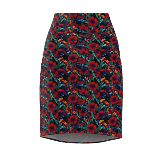 Crimson Jungle on a Pencil Skirt