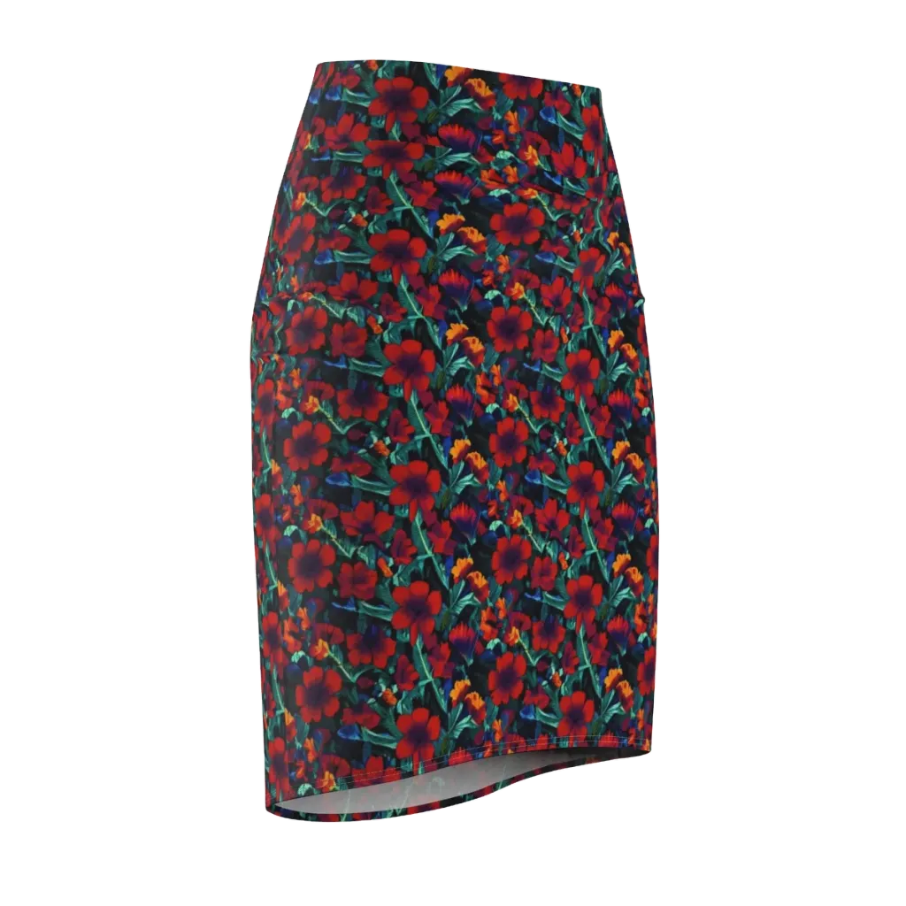 Crimson Jungle on Pencil Skirt — Front Side