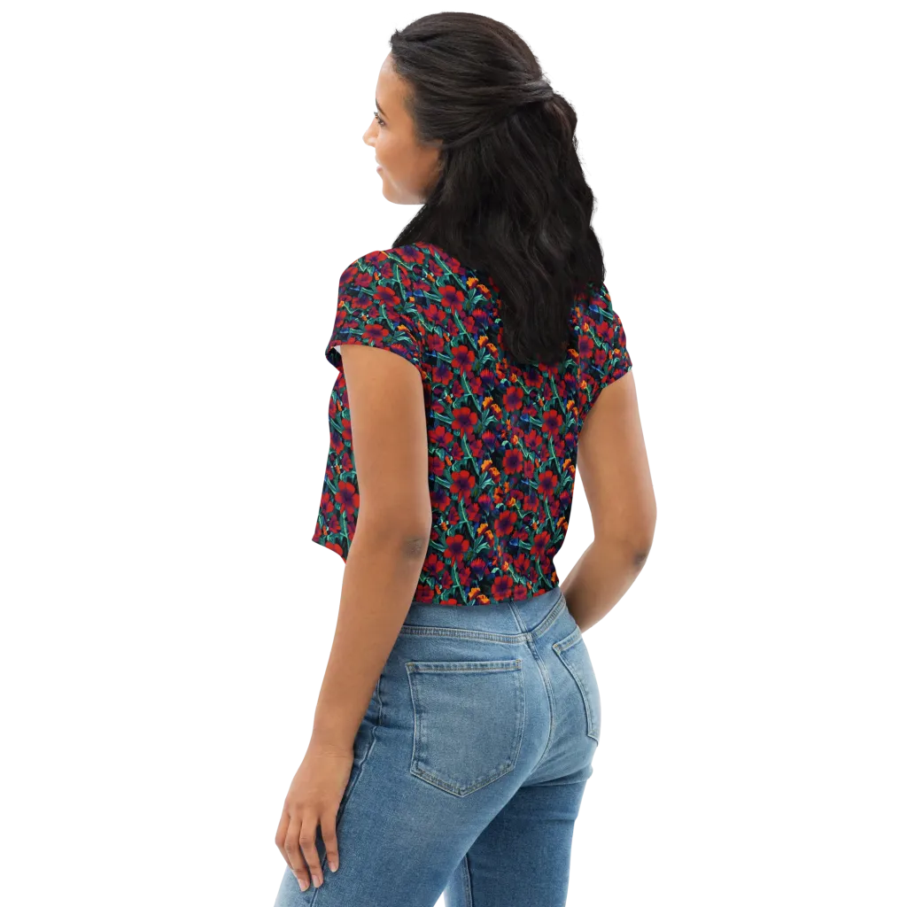 Crimson Jungle on Crop Tee — Left Back