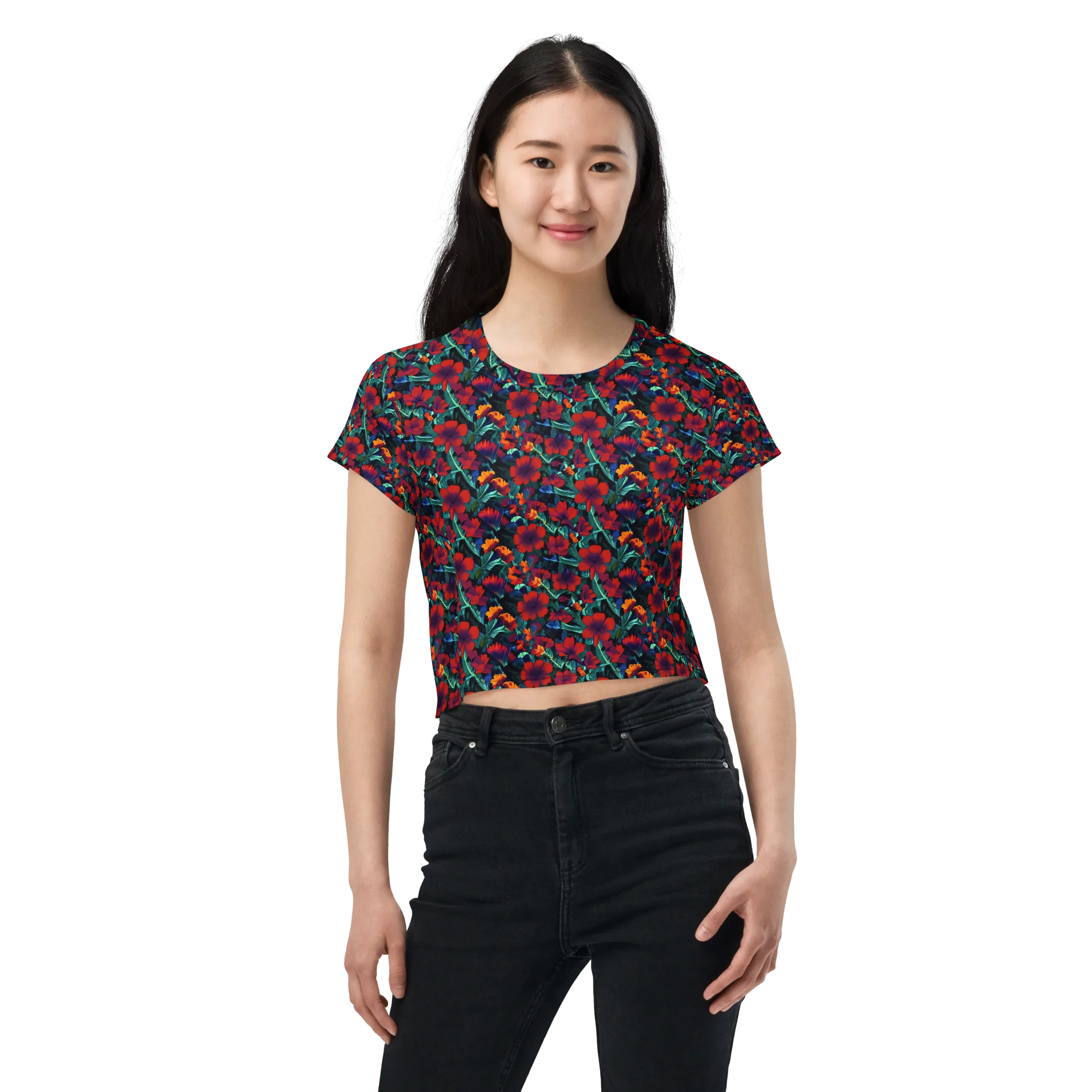 Crimson Jungle on Crop Tee — Front