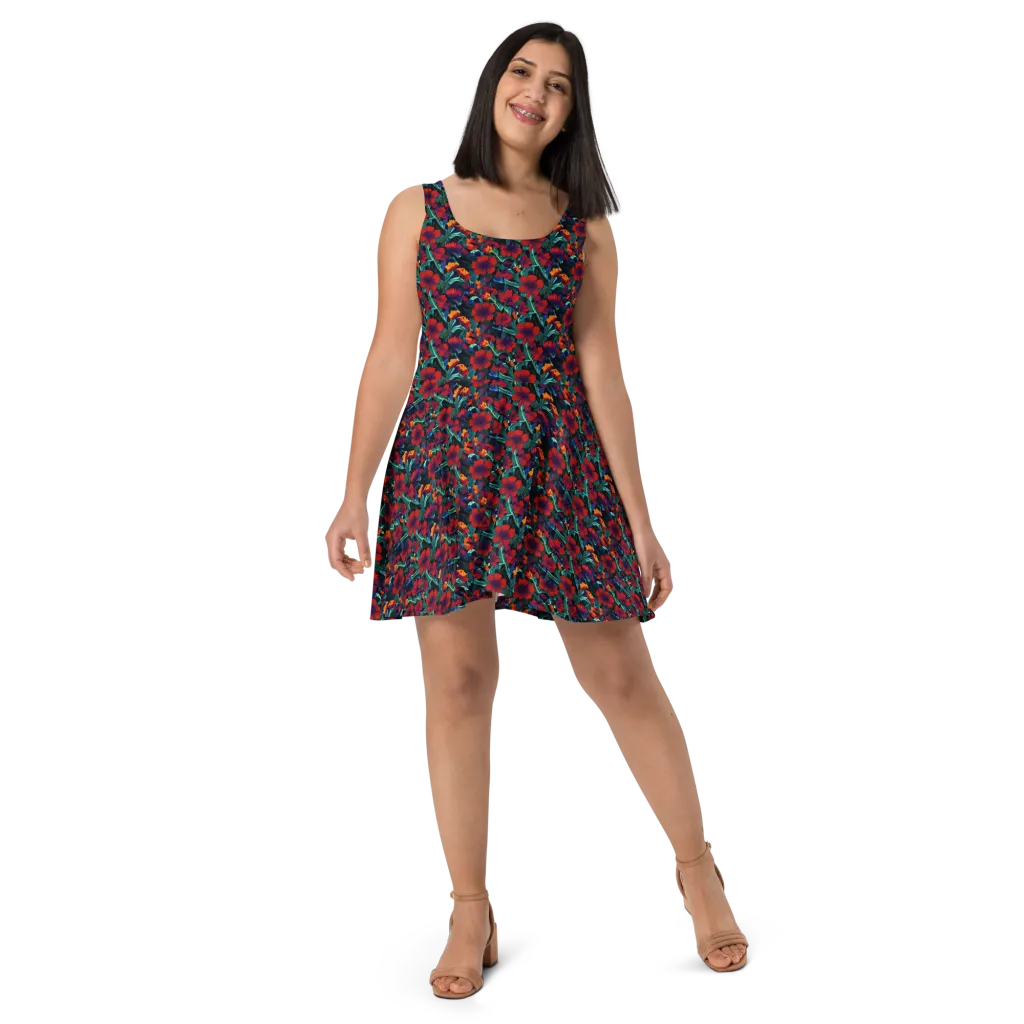 Crimson Jungle on Skater Dress — Front