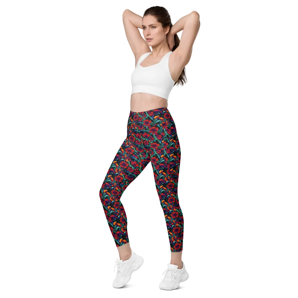 Crimson Jungle on Leggings with Pockets — Left Front