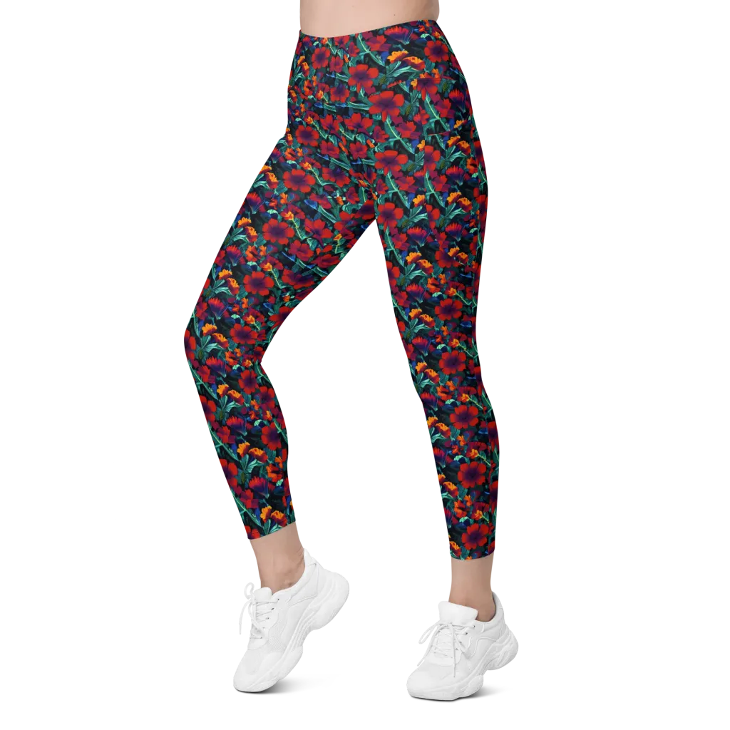 Crimson Jungle on Leggings with Pockets — Left Front