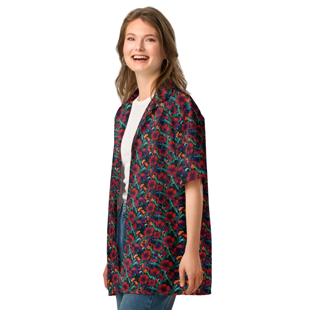 Crimson Jungle on Button Shirt — Left Front