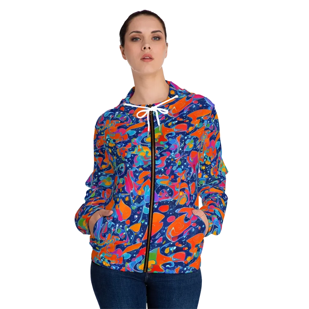 Cosmic Splatter on Women's Full-Zip Hoodie — Front On Person