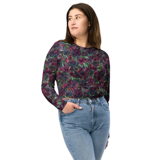 Velvet Night Garden on a Long Sleeve Crop Top
