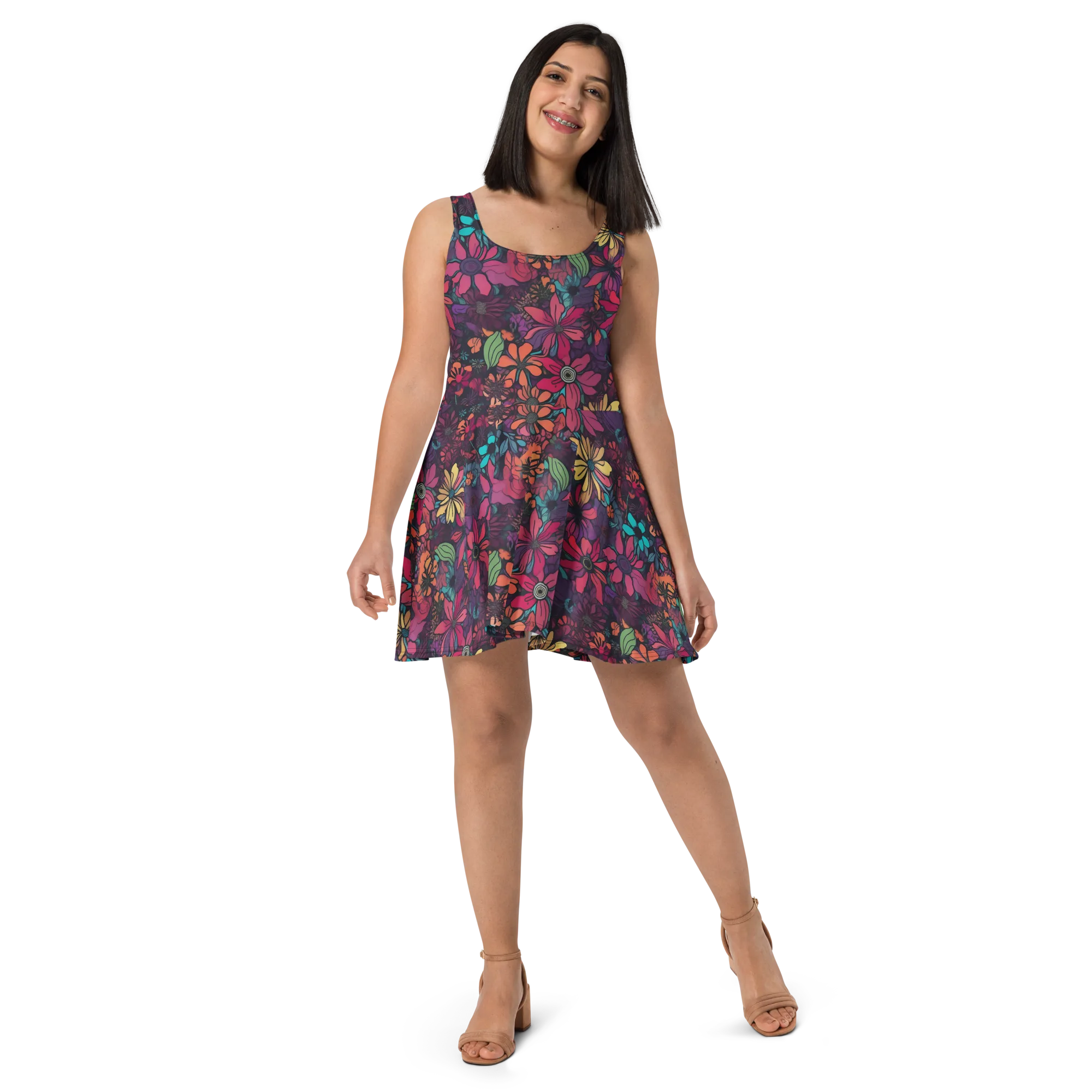 Neon Herbarium on Skater Dress — Front