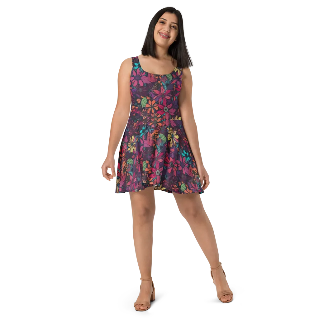 Neon Herbarium on Skater Dress — Front