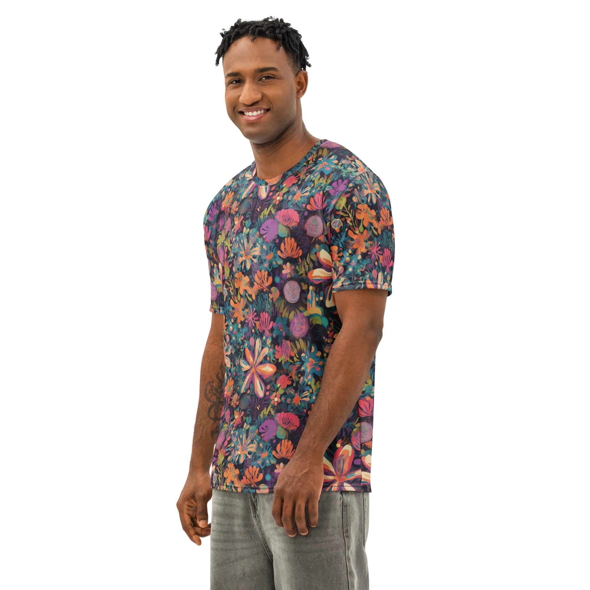 Electric Herbarium on Men's Cotton Crew Neck T-Shirt — Left Front