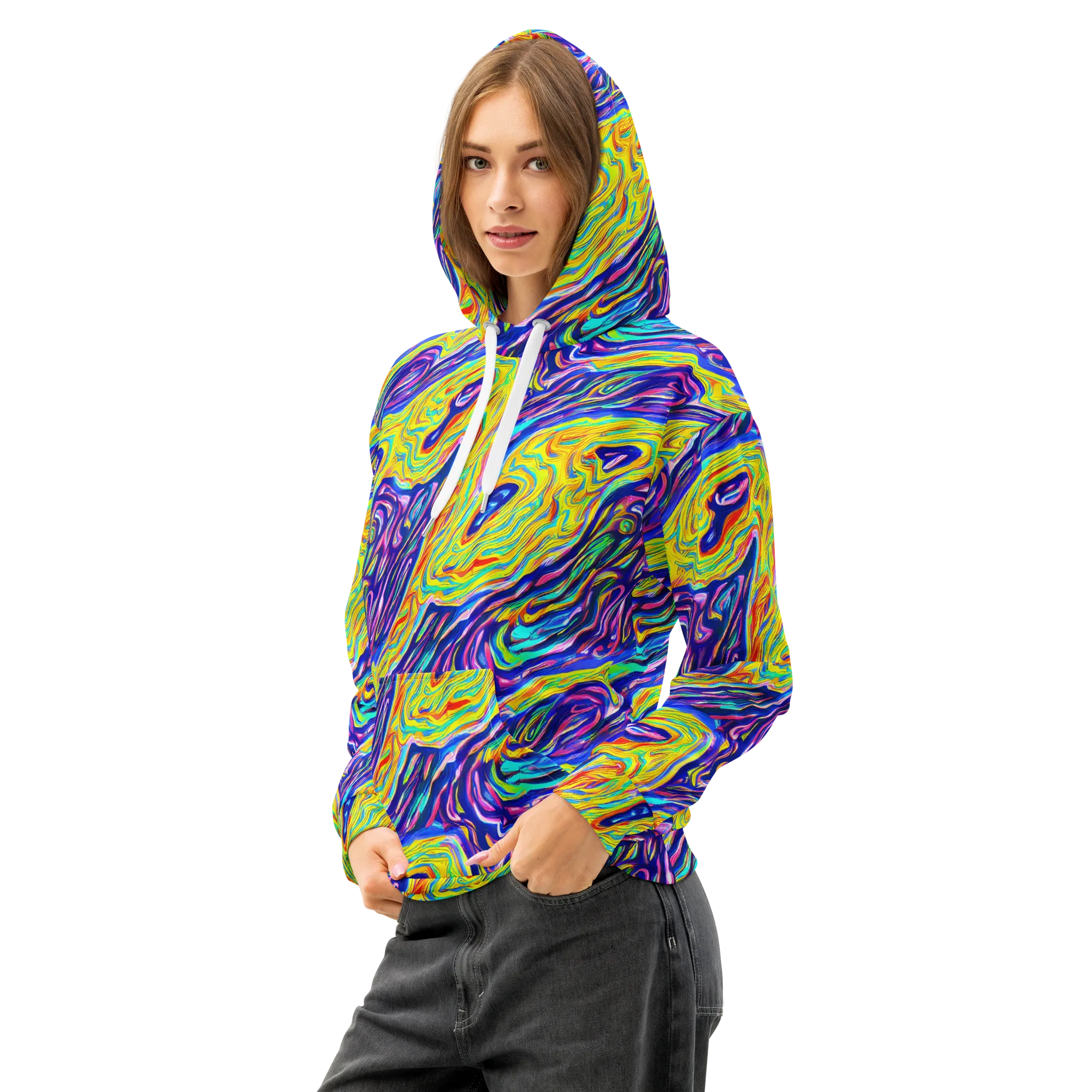 Kaleidoscope Current on Cotton Hoodie — Left Front