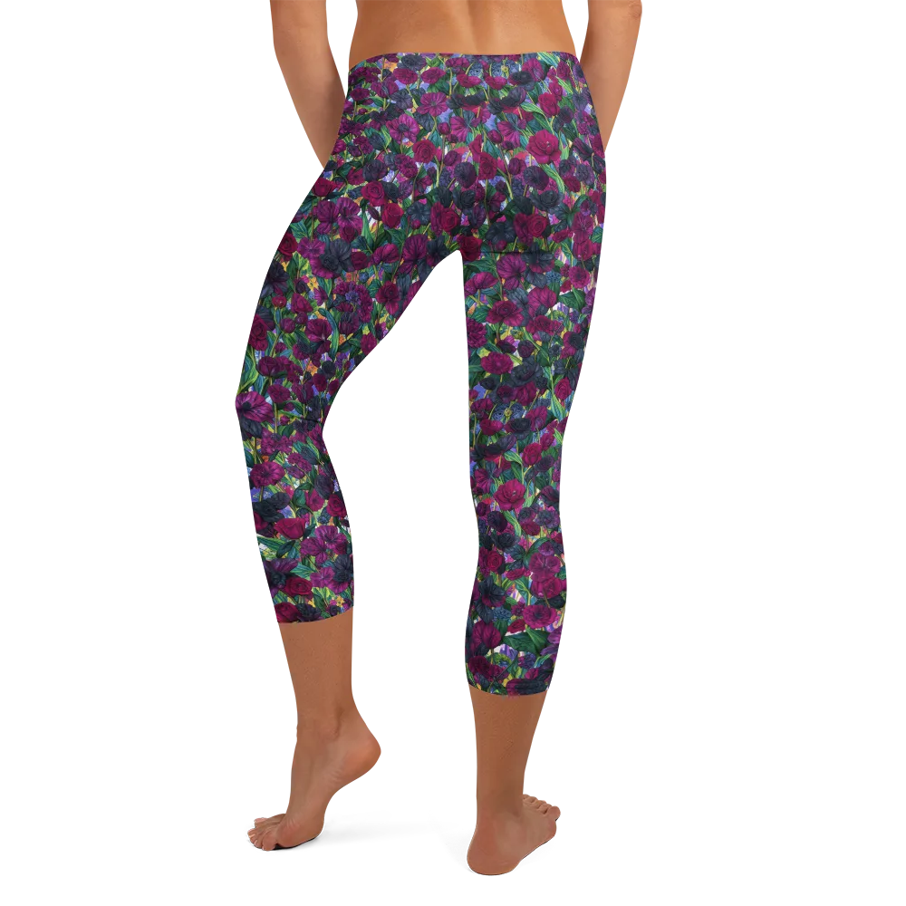 Midnight Floralia on Capri Leggings — Back