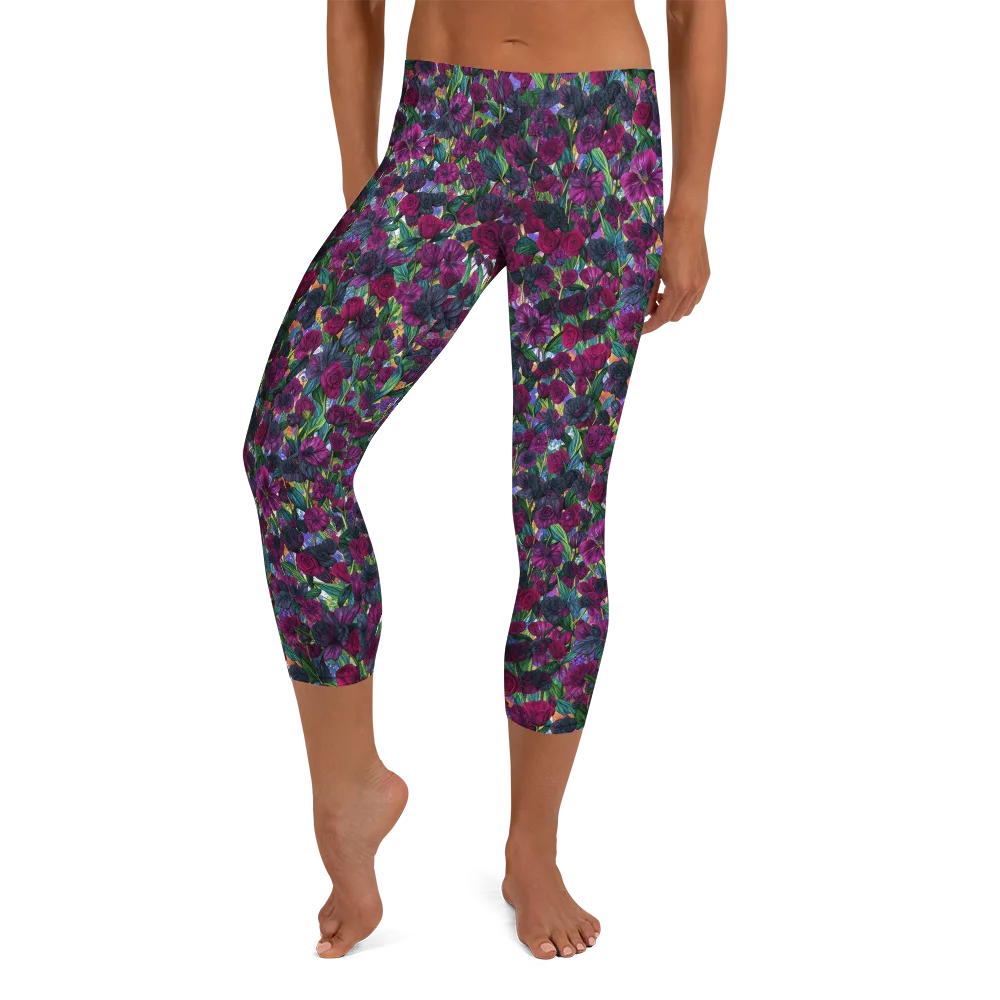 Midnight Floralia on Capri Leggings — Front