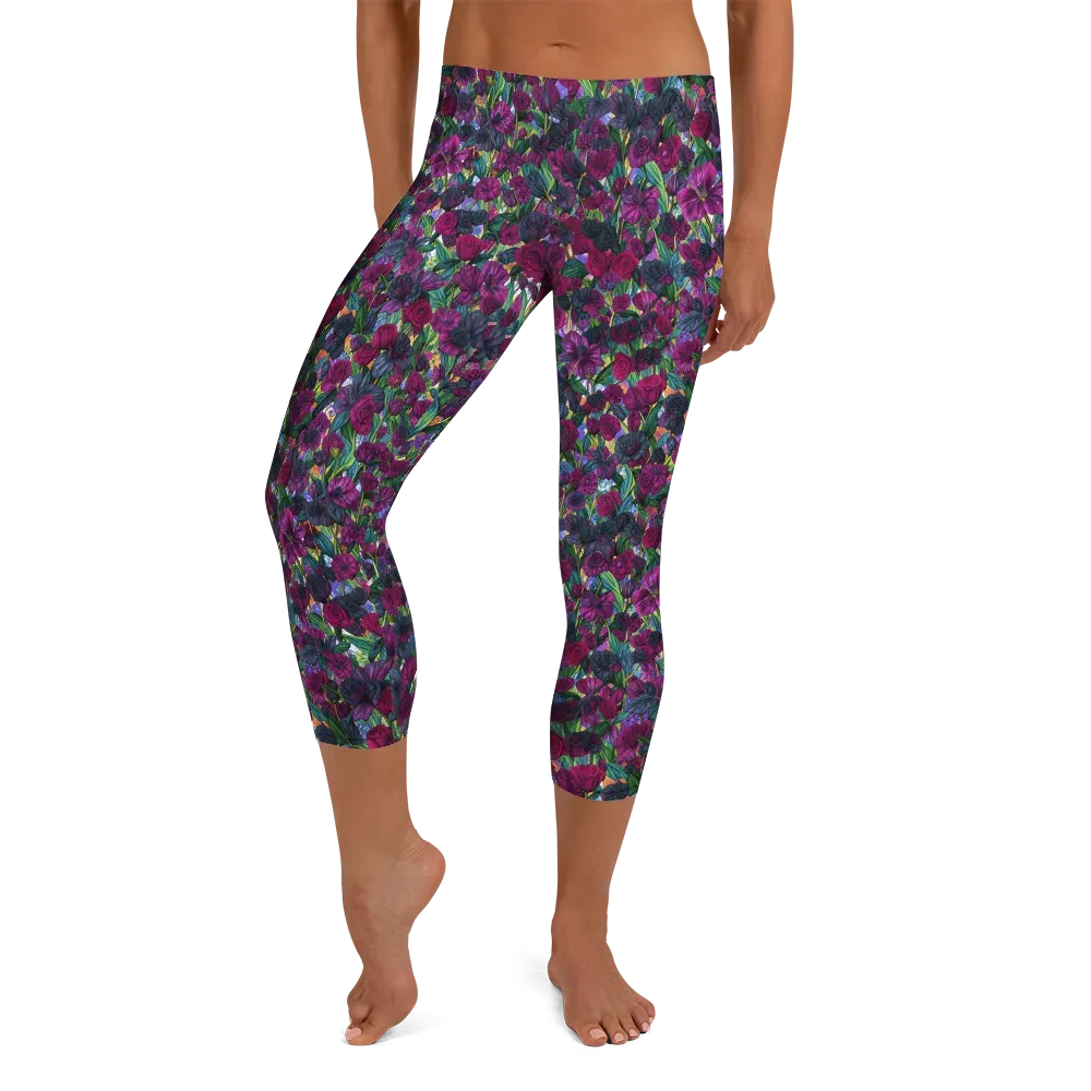 Midnight Floralia on Capri Leggings — Front