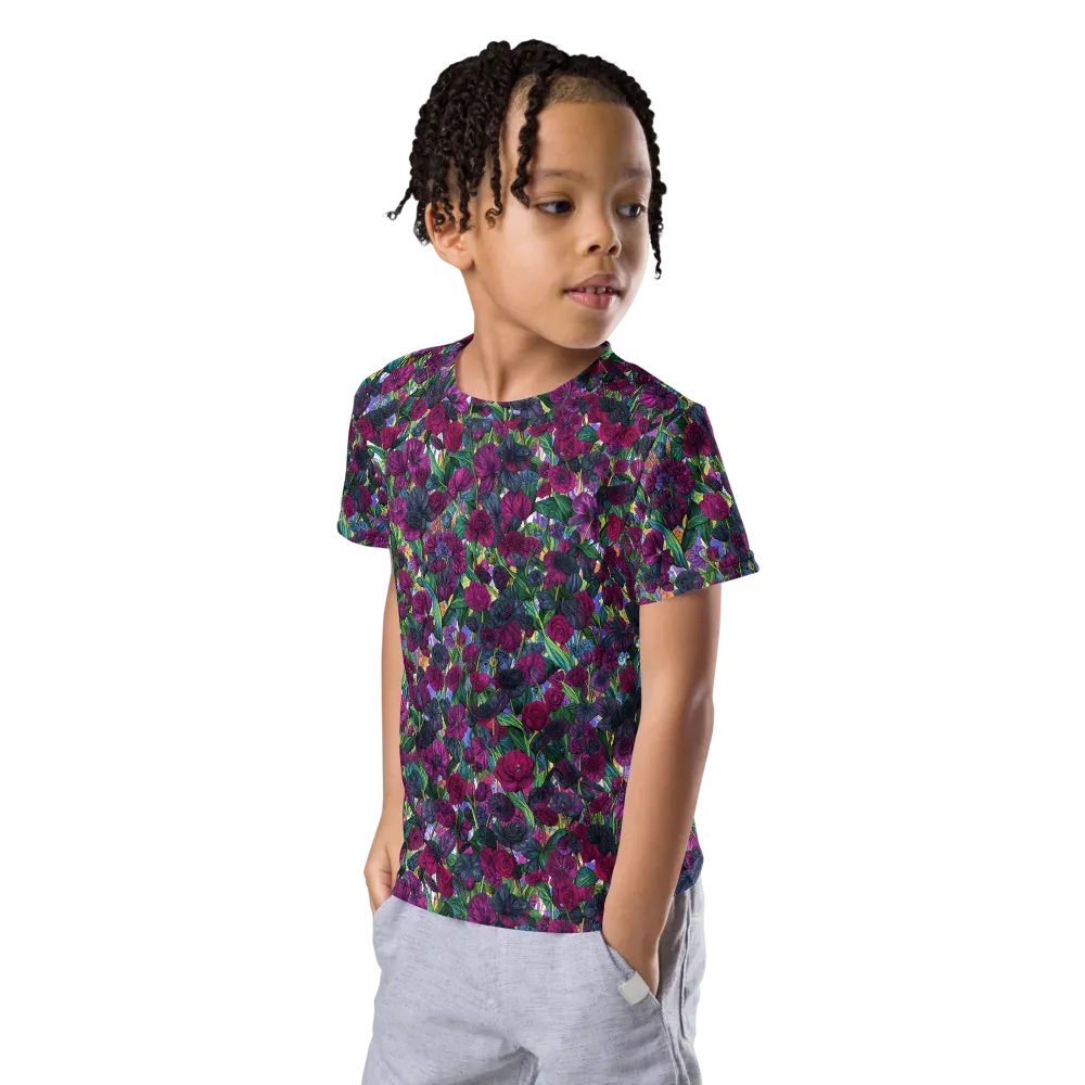 Midnight Floralia on Kids Crew Neck T-Shirt — Left Front