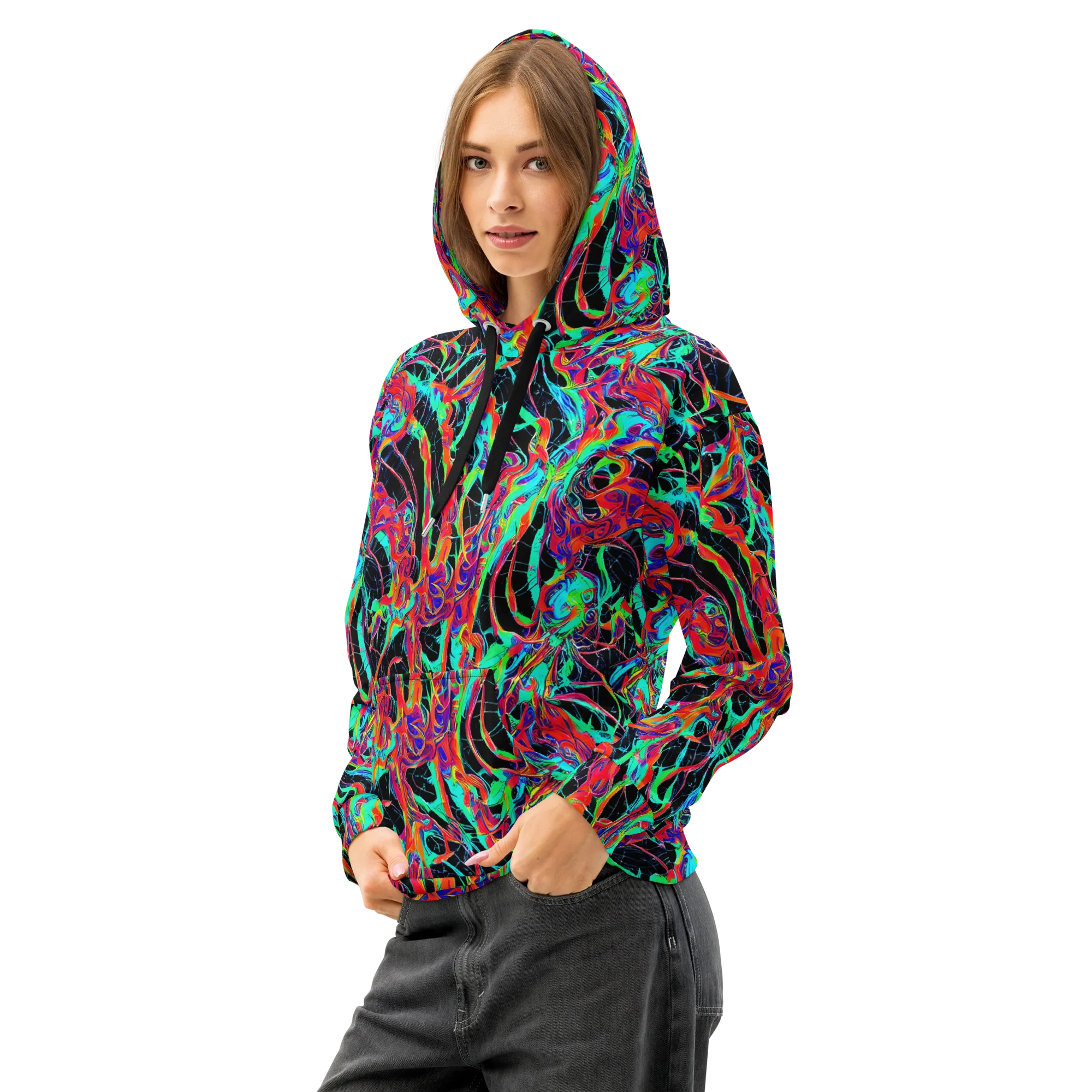 Fluorescent Rapture on Cotton Hoodie — Left Front