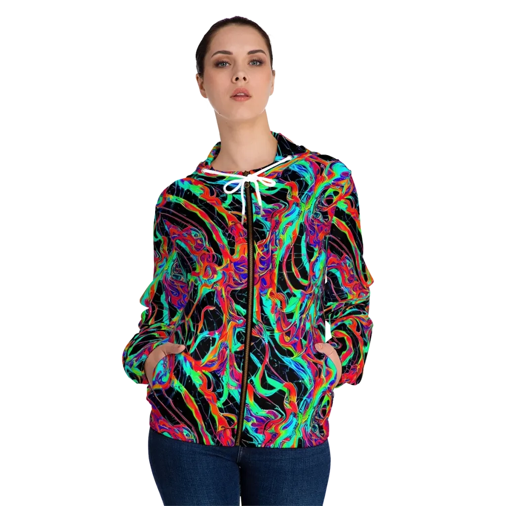Fluorescent Rapture on Women's Full-Zip Hoodie — Front On Person