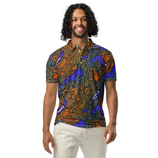 Orbiting Ember on a Men's Slim Fit Polo Shirt