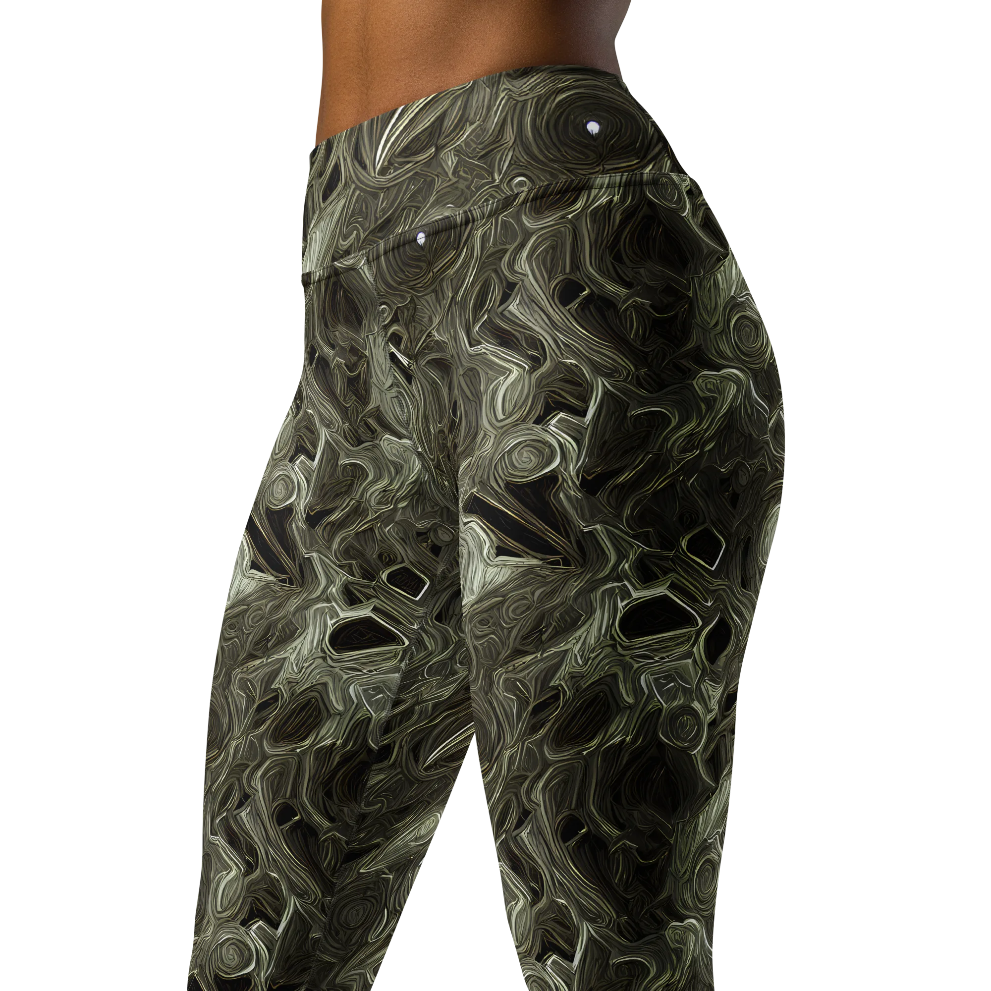 Olive Vortex on Yoga Leggings — Left Front