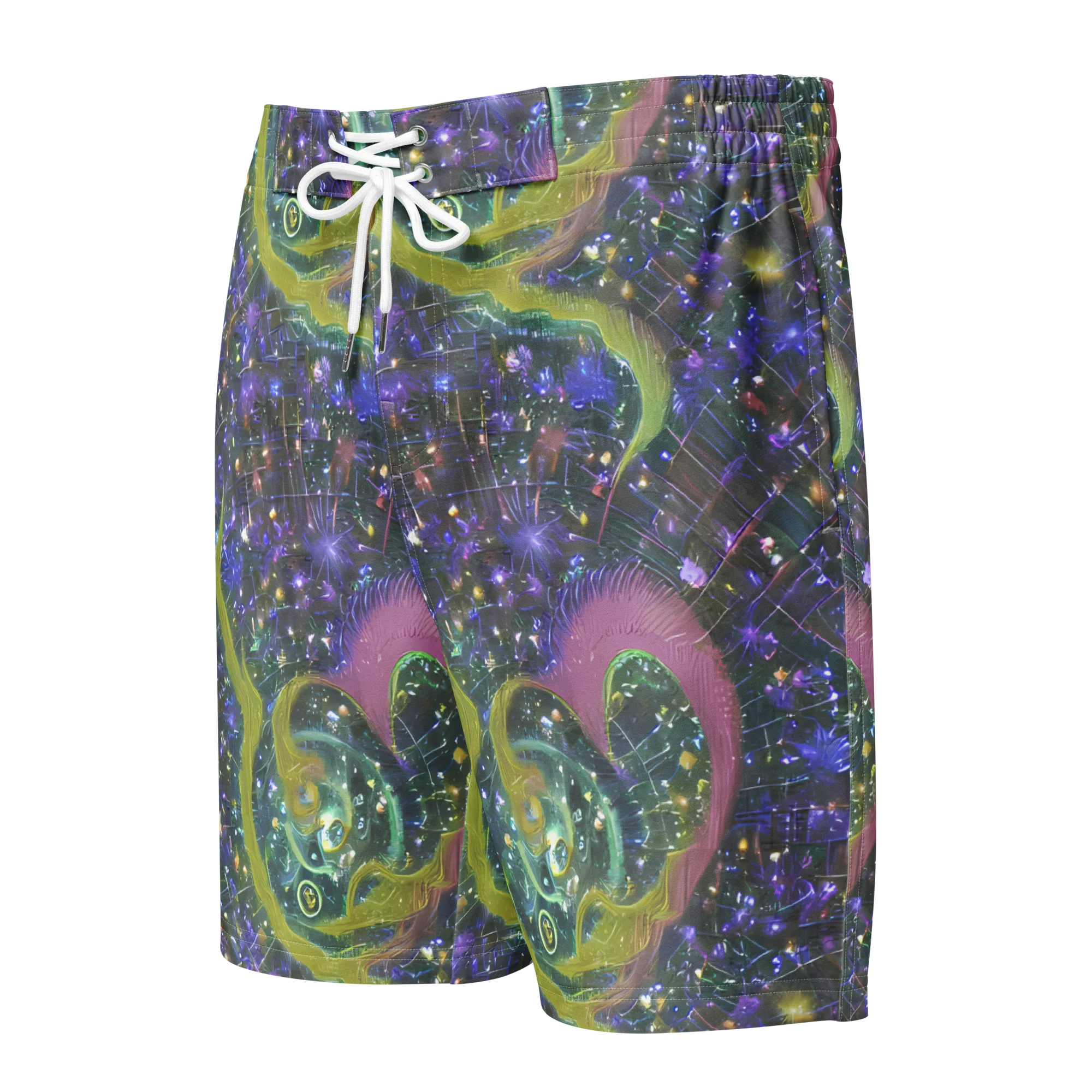Neon Garden Grid on Men's Board Shorts — Front