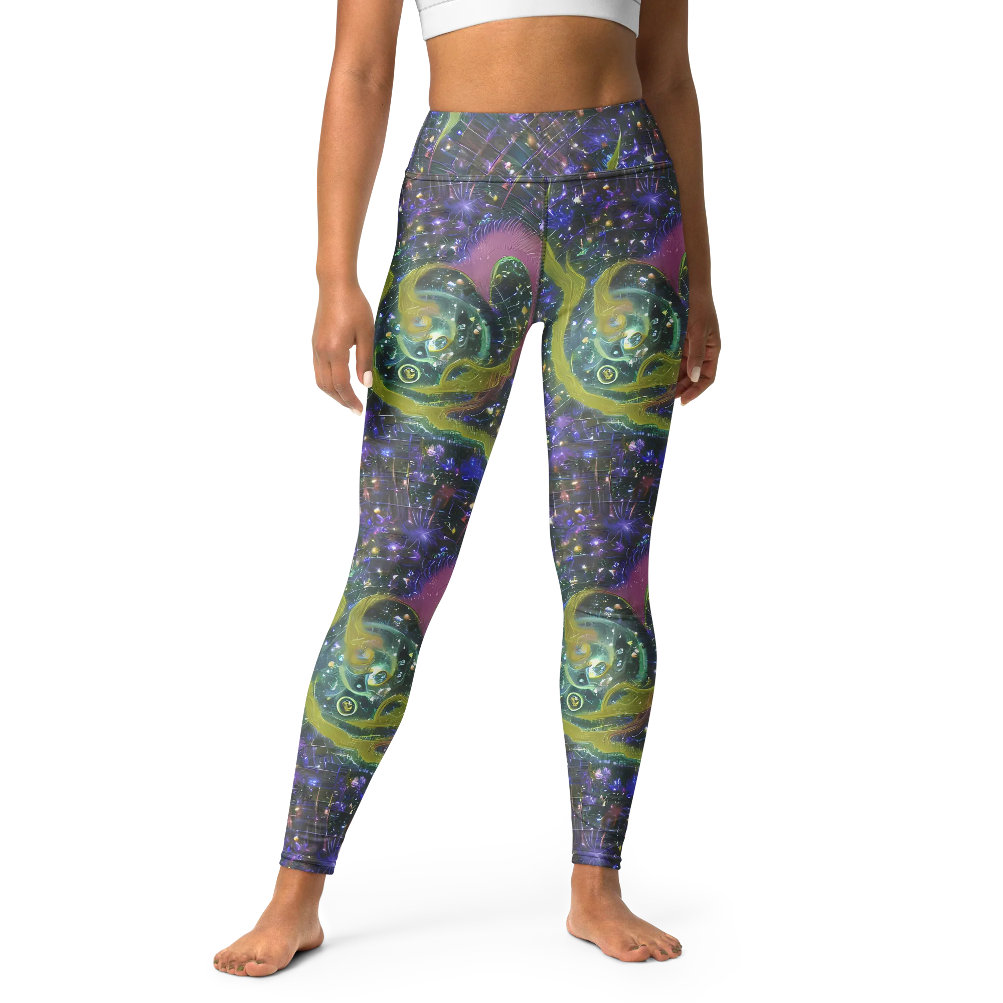 Neon Garden Grid on Yoga Leggings — Front