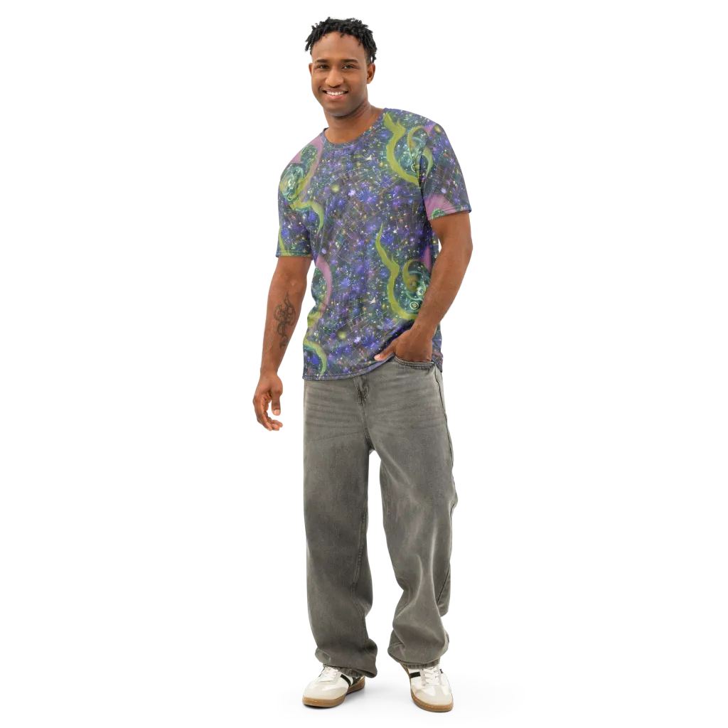 Neon Garden Grid on Men's Cotton Crew Neck T-Shirt — Front