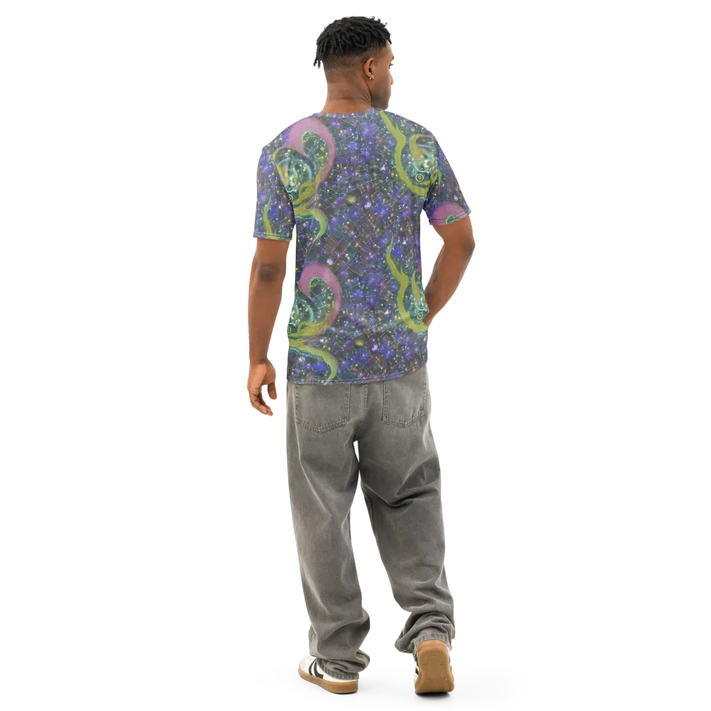 Neon Garden Grid on Men's Cotton Crew Neck T-Shirt — Back