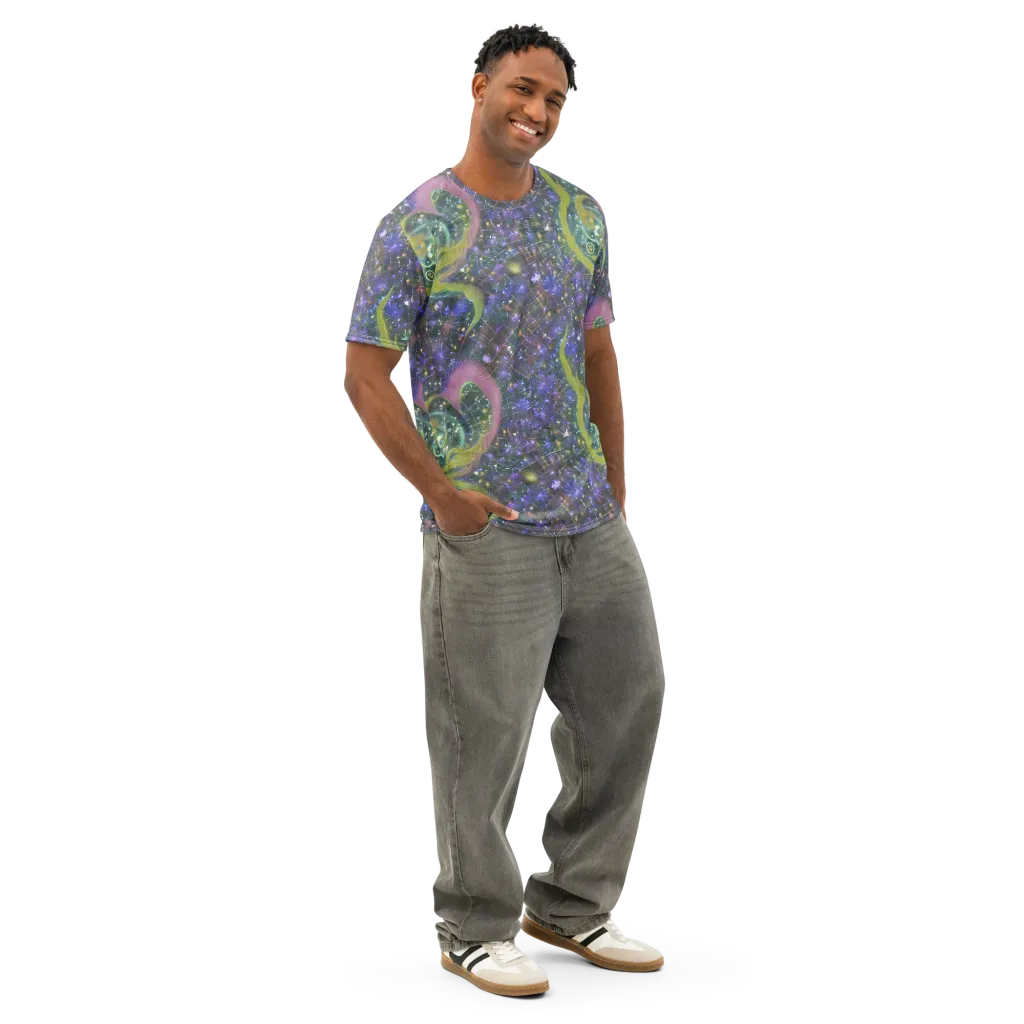 Neon Garden Grid on Men's Cotton Crew Neck T-Shirt — Right Front