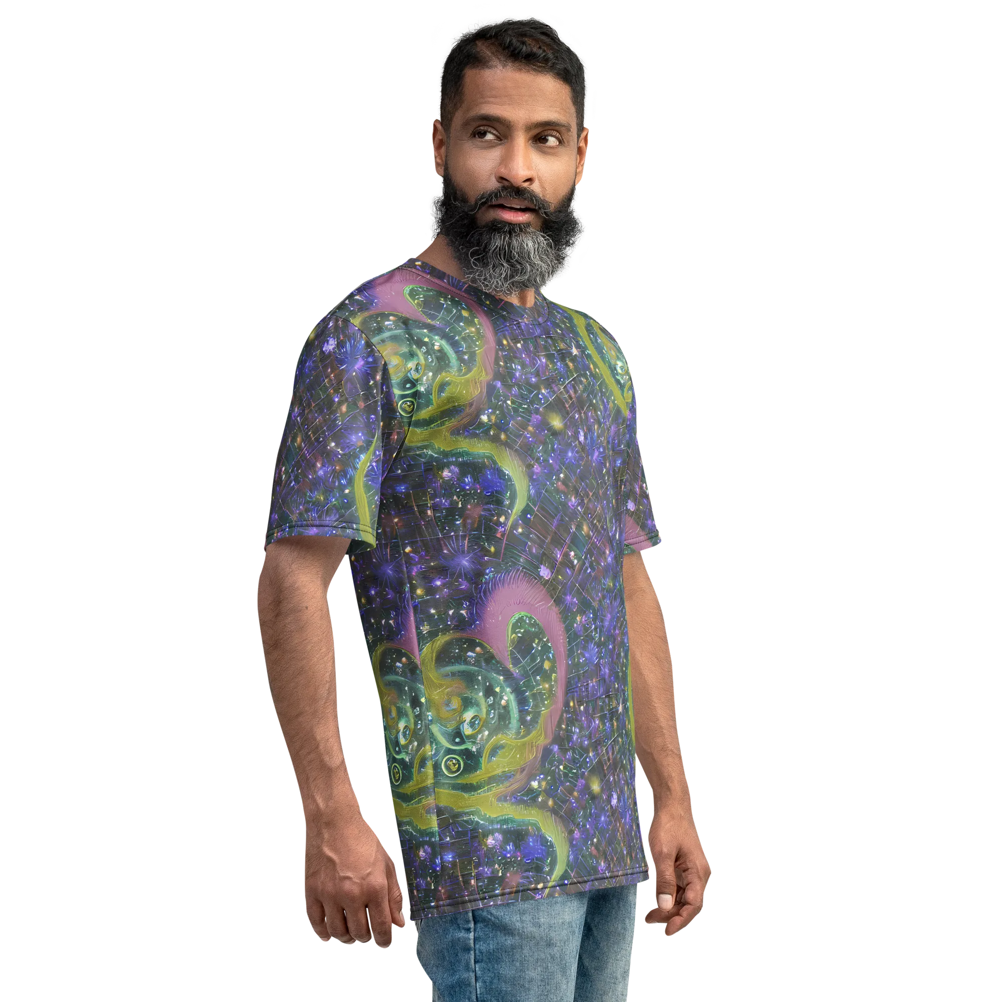 Neon Garden Grid on Men's Crew Neck T-Shirt — Right