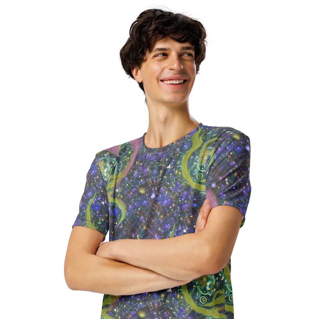 Neon Garden Grid on Men's Crew Neck T-Shirt — Left Front