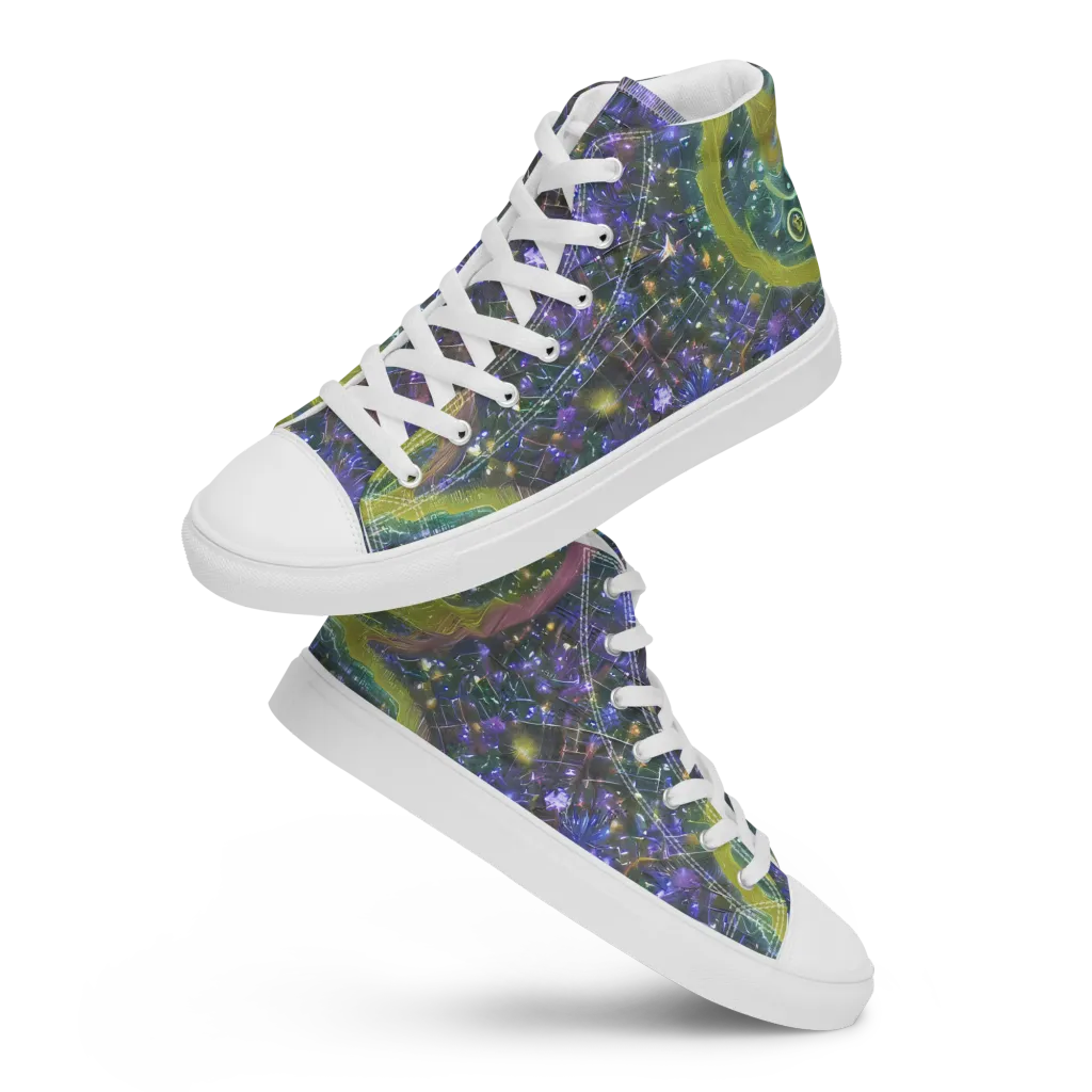 Neon Garden Grid on Women's High Top Canvas Shoes — Front