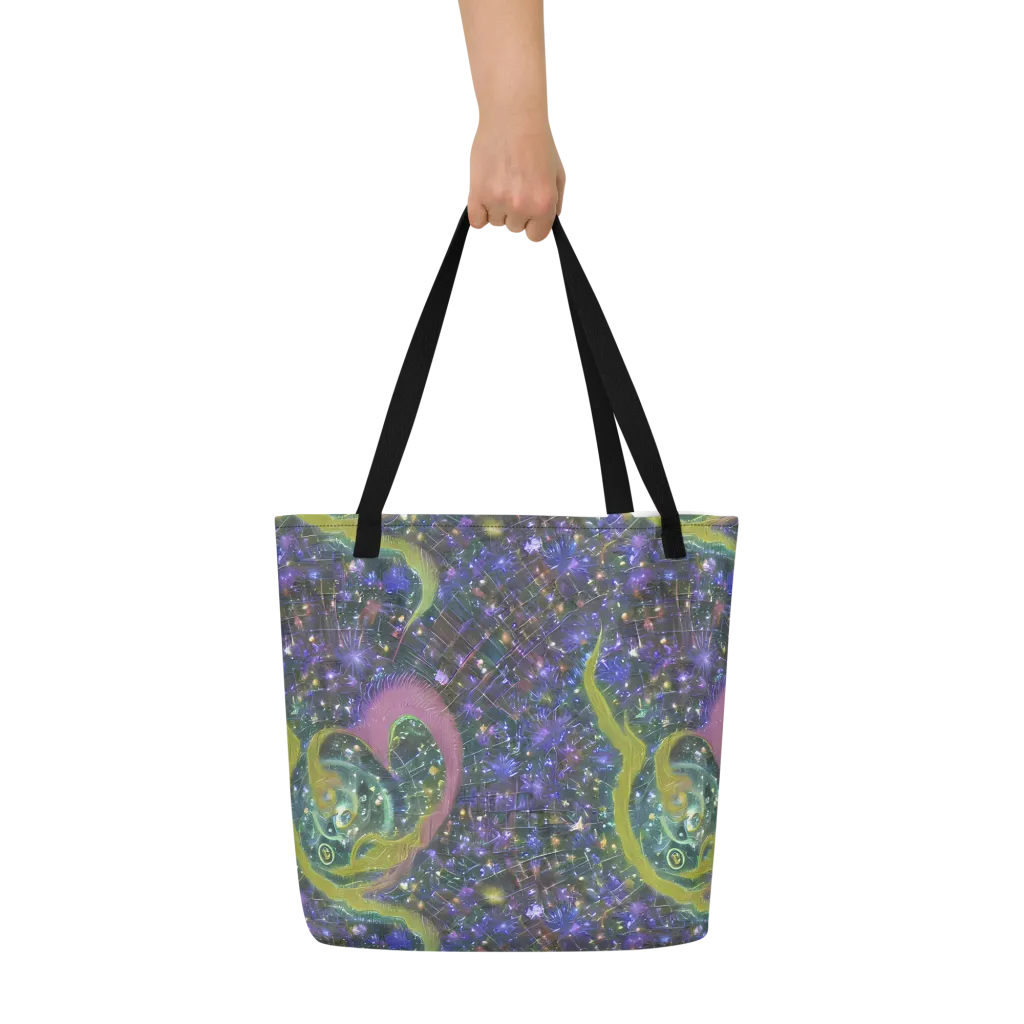 Neon Garden Grid on Large Tote Bag W/ Pocket — Front