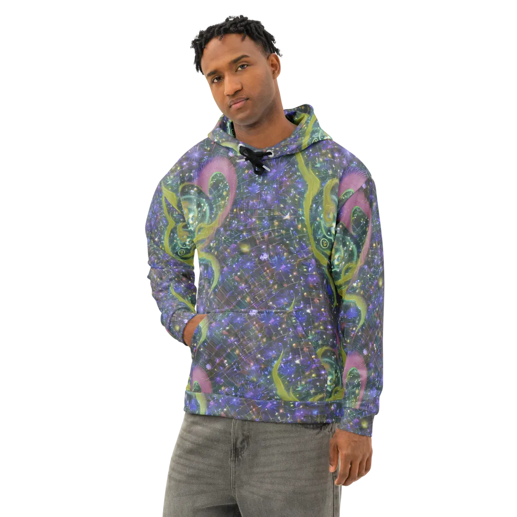 Neon Garden Grid on Cotton Hoodie — Left Front