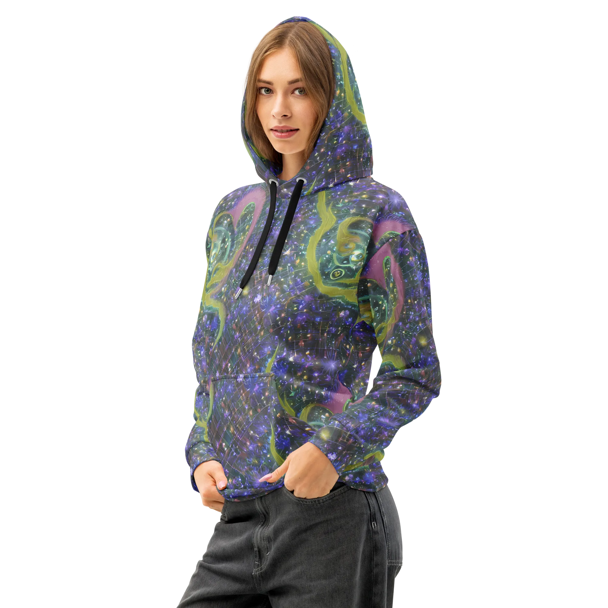 Neon Garden Grid on Cotton Hoodie — Left Front