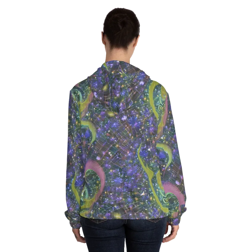 Neon Garden Grid on Women's Full-Zip Hoodie — Back On Person