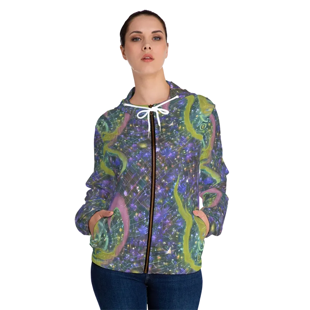 Neon Garden Grid on Women's Full-Zip Hoodie — Front On Person