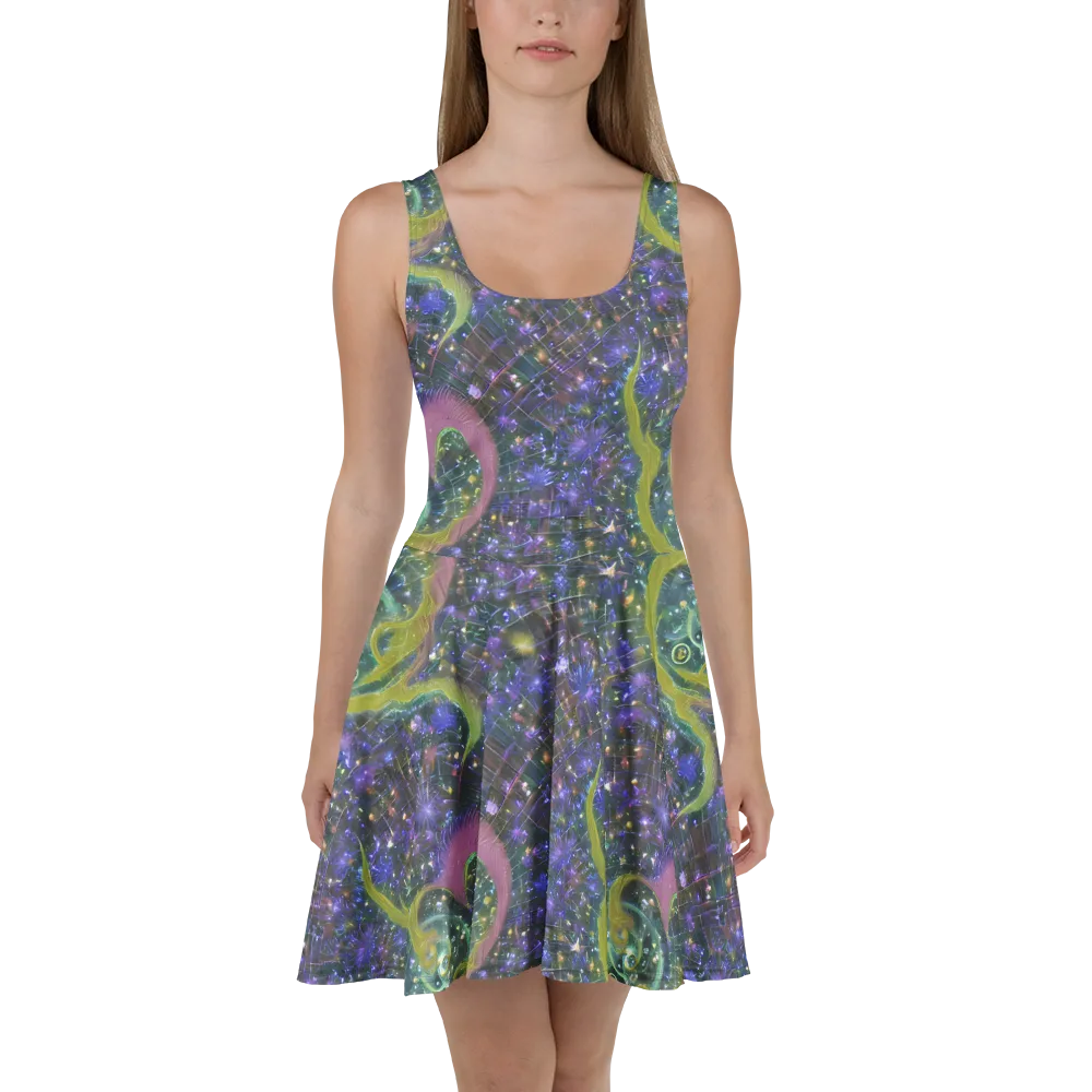 Neon Garden Grid on Skater Dress — Front