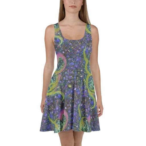 Neon Garden Grid on a Skater Dress
