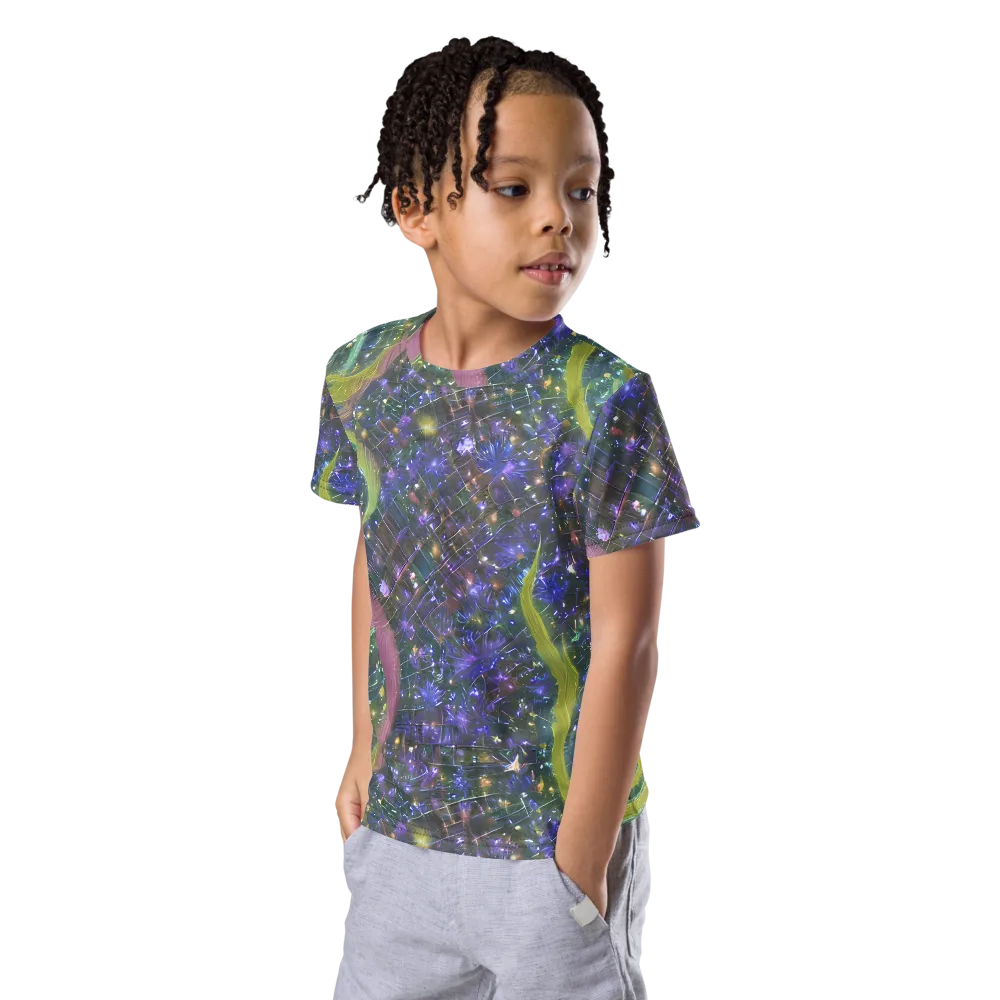 Neon Garden Grid on Kids Crew Neck T-Shirt — Left Front
