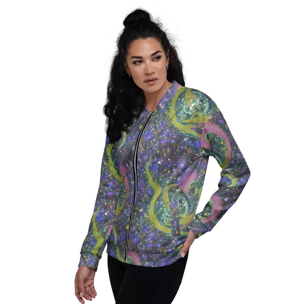 Neon Garden Grid on Bomber Jacket — Left