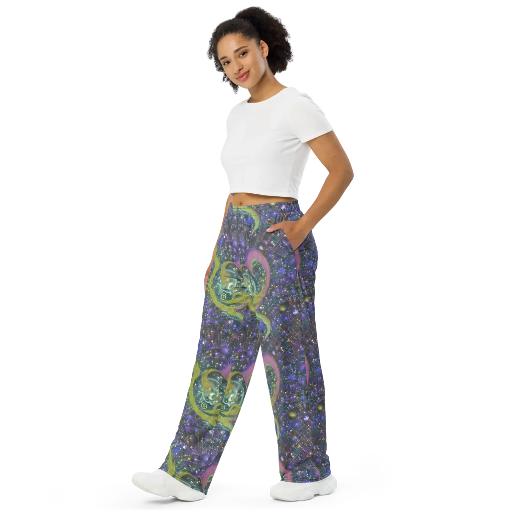 Neon Garden Grid on Wide-Leg Pants — Left Front