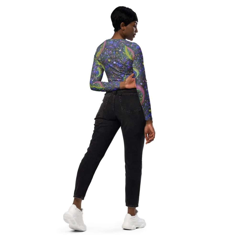 Neon Garden Grid on Long Sleeve Crop Top — Right Back