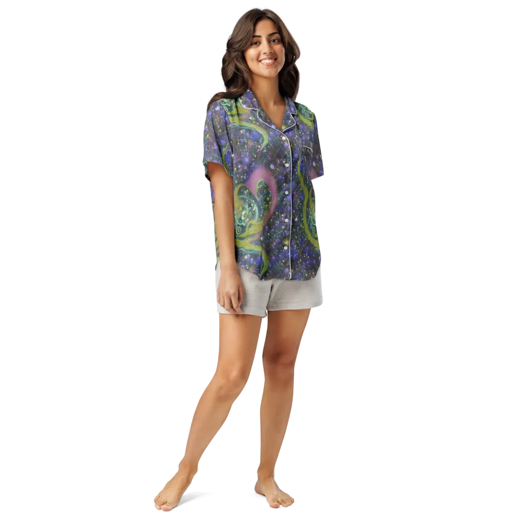 Neon Garden Grid on Women's Short Sleeve Pajama Top — Front